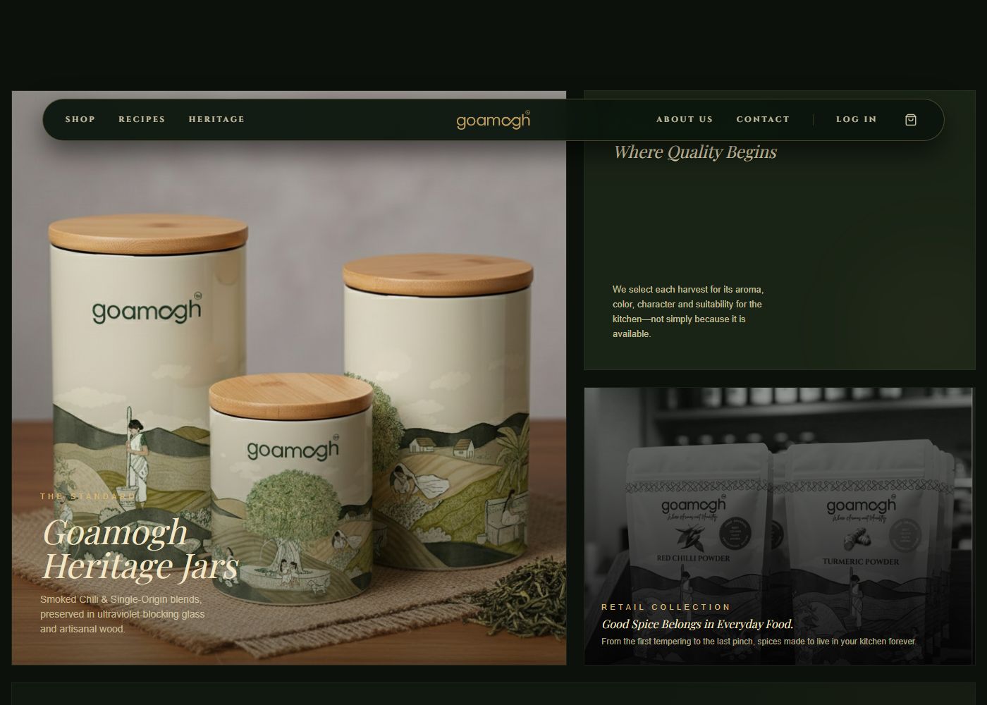 Screenshot of the Goamogh product imagery section showing the Heritage Jar and Retail Pouch collections