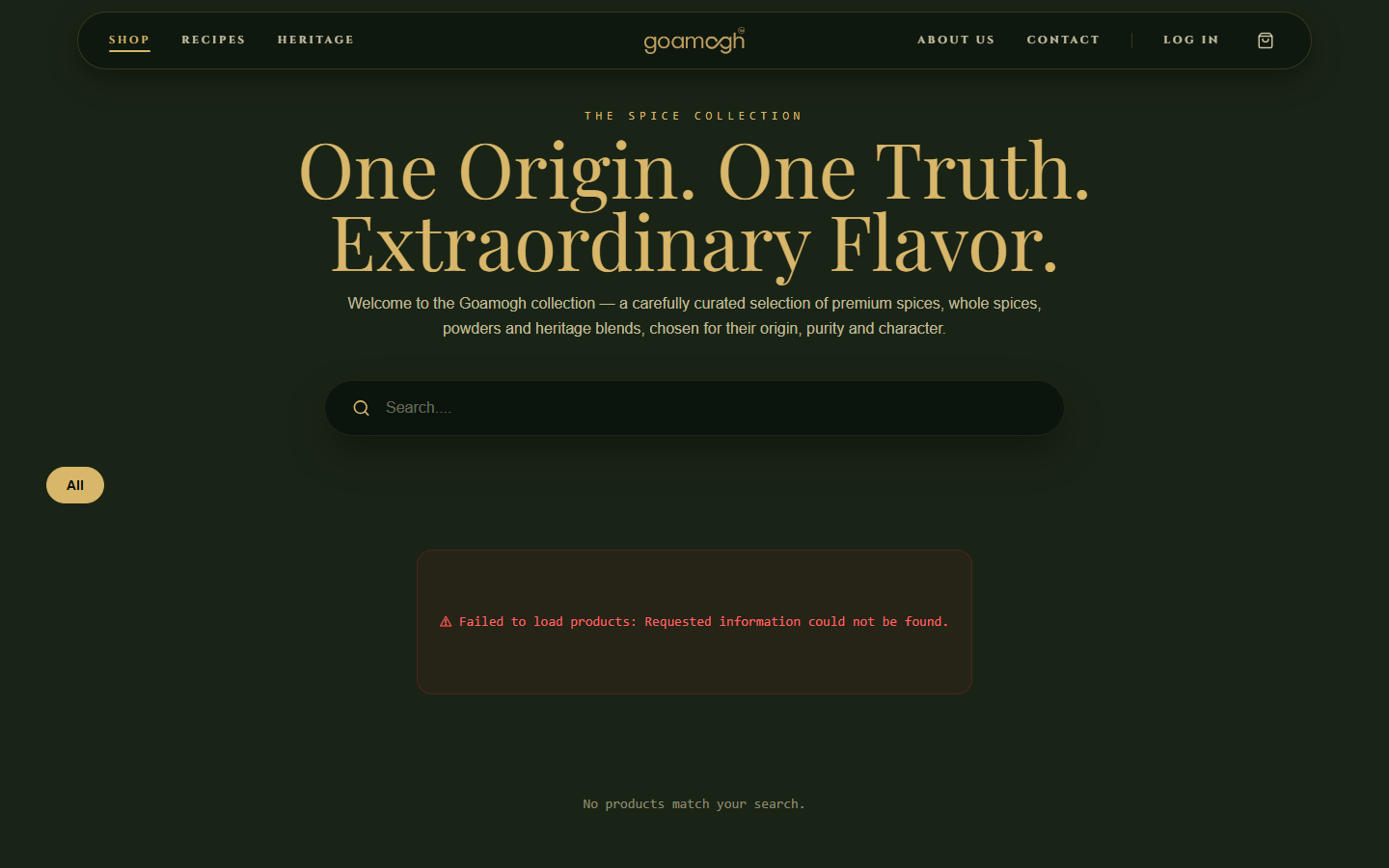 Screenshot of the Goamogh shop page showing the error 'Failed to load products: Requested information could not be found' in a red box, with the text 'No products match your search' below