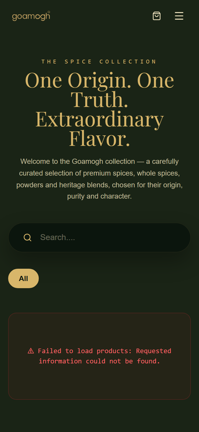 Screenshot of the Goamogh shop page on a mobile viewport showing the same product loading failure