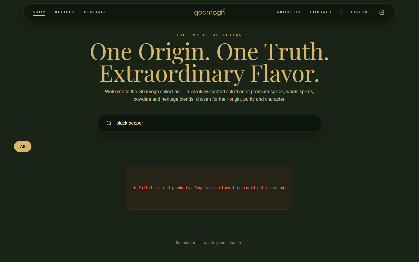 Screenshot of the Goamogh shop page with a search query for black pepper returning the same failure state and no matching products