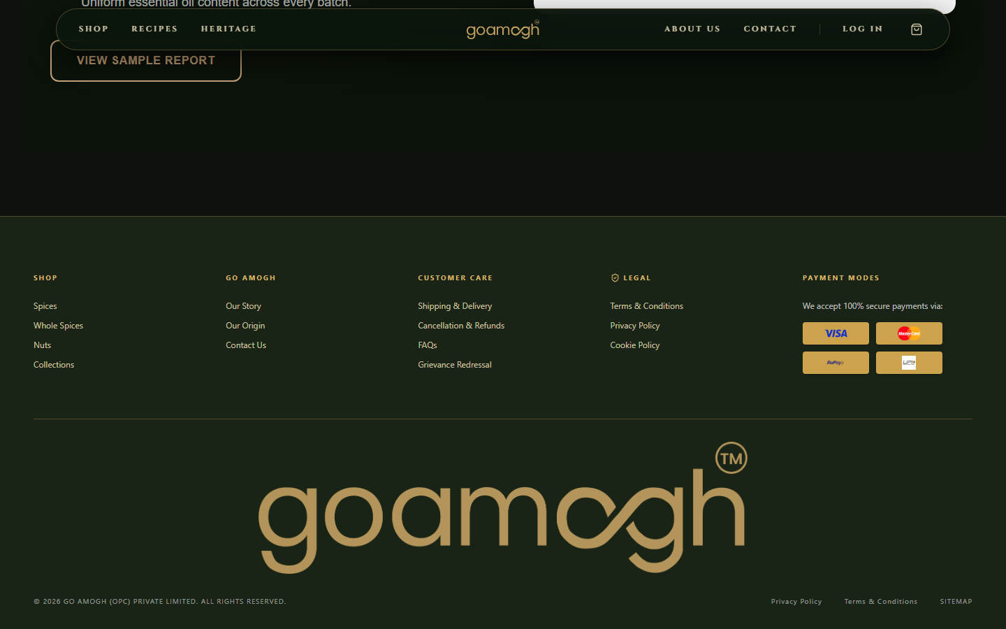 Screenshot of the Goamogh page footer showing Shop, Go Amogh, Customer Care, Legal and Payment Modes columns with no social media links